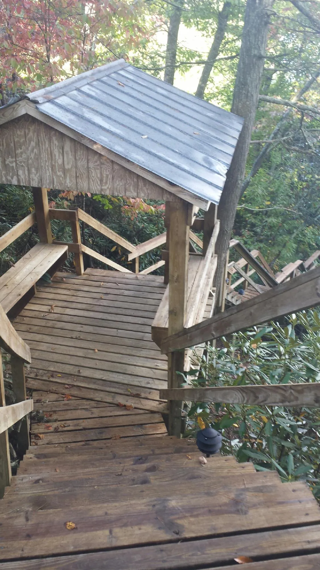 Metal roofed shelter over wooden steps on a wooded walkway — Skylight Repair & Installation work by our crew in Stillwater